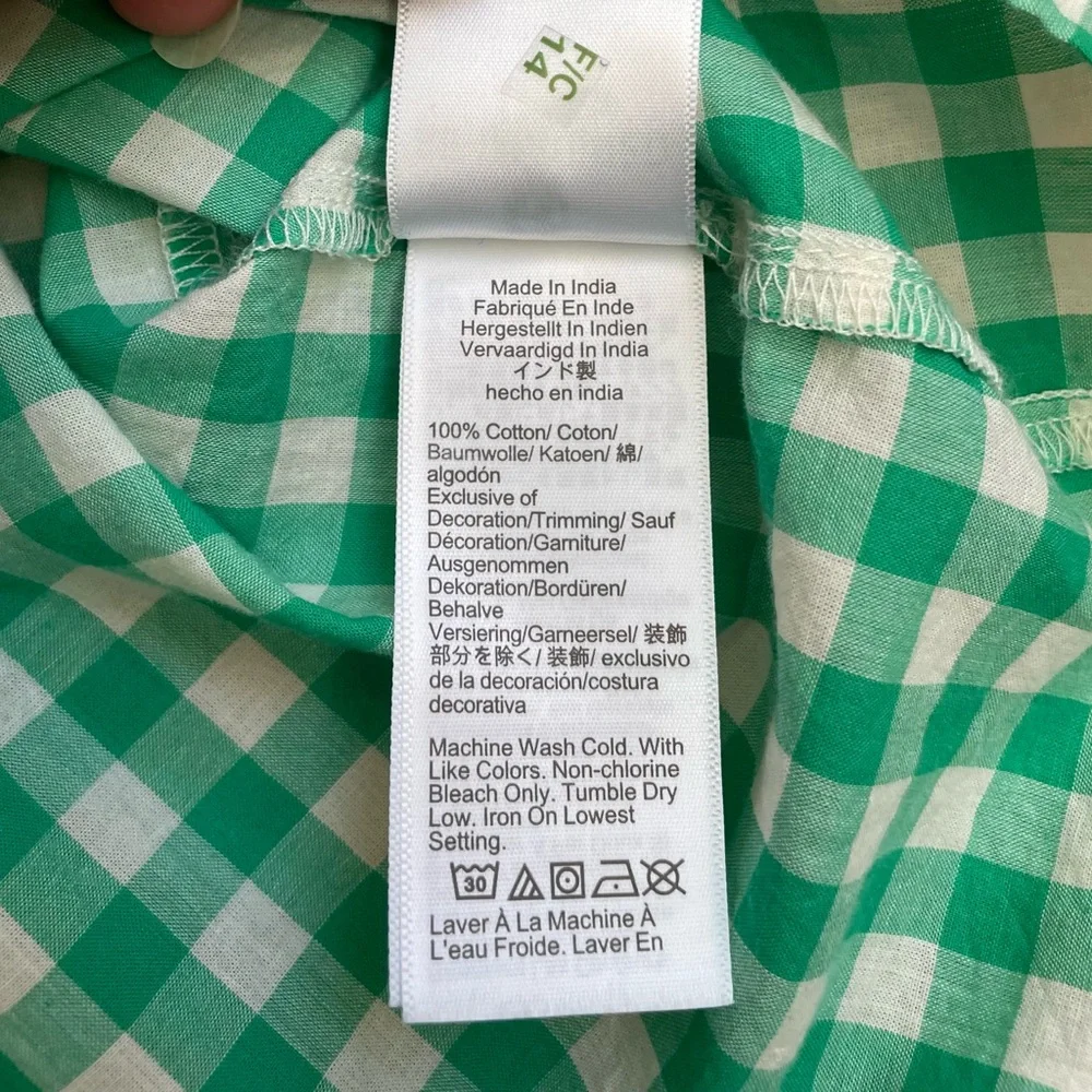 J. Crew green gingham white tie-neck smocked top small blouse preppy shirt